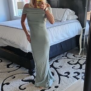 Nicole Bakti Off-Shoulder Green Maxi Dress